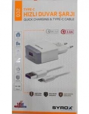 	 Syrox Type-C Hzl USB Kablolu Duvar arj - Beyaz